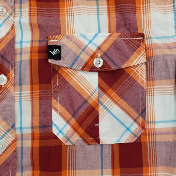 South Pole Shirt Mens Large Orange Button Up Short Sleeve Casual Plaid Pockets‎ - Picture 5 of 13